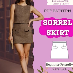 以下が含まれることがあります： 茶色のツイードスカートスーツ。ノースリーブのトップスと、フロントポケットが2つ付いたミニスカートが特徴です。画像には「SORREL SKIRT」と「PDF PATTERN」の文字が含まれています。パターンは初心者向けで、XXS-5XLサイズがあります。