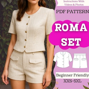 May include: A beige tweed Roma set, including a short-sleeved jacket with gold buttons and matching shorts. The image also includes the text "PDF PATTERN" and "ROMA SET". The pattern is beginner friendly and available in sizes XXS-5XL.