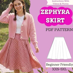 May include: A woman wearing a pink cardigan and a pink skirt with a white polka dot pattern. The image includes the text "ZEPHYRA SKIRT PDF PATTERN" and a diagram of a skirt. The text "Beginner Friendly" and "XXS-5XL" are also visible.