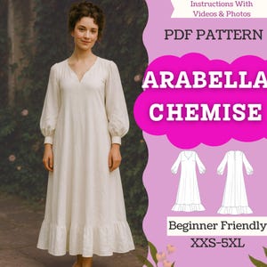 Peut inclure: Une femme porte une chemise longue blanc cassé avec des manches longues et un ourlet à volants. La robe a un col en V et fait partie d'un patron PDF appelé "Arabella Chemise". Le patron est adapté aux débutants et disponible en tailles XXS-5XL.