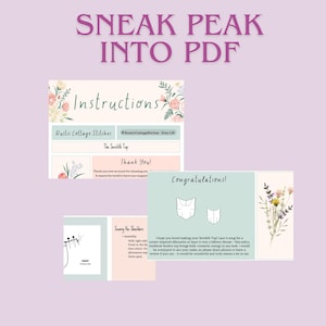May include: A digital PDF sewing pattern document titled SNEAK PEAK INTO PDF, featuring pages with floral illustrations, instructions for The Serulith Top, a Thank You note, a Congratulations page, and diagrams for sewing the shoulders.