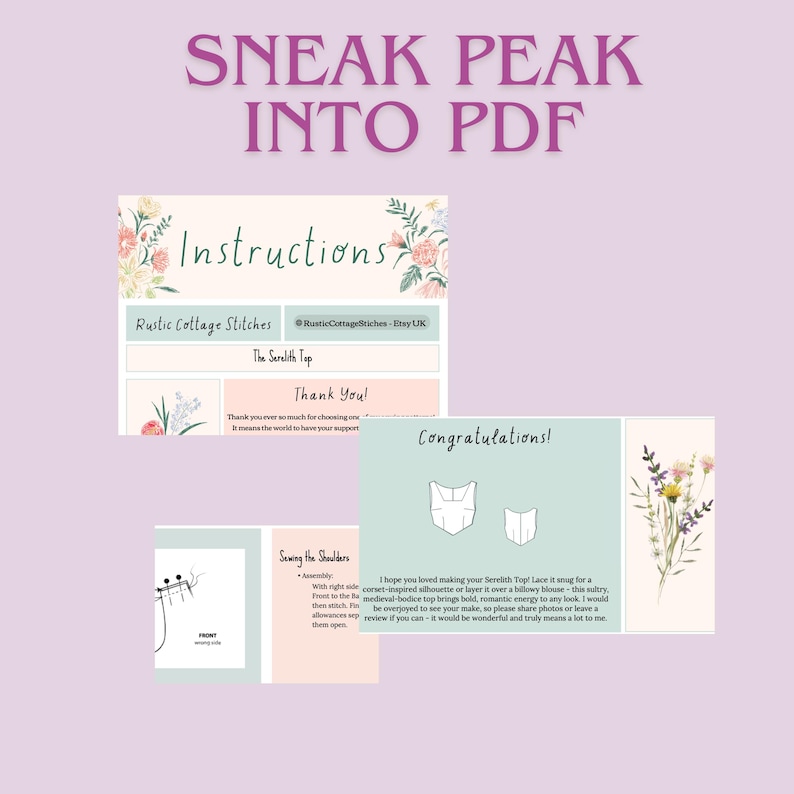 May include: A digital PDF sewing pattern document titled SNEAK PEAK INTO PDF, featuring pages with floral illustrations, instructions for The Serulith Top, a Thank You note, a Congratulations page, and diagrams for sewing the shoulders.