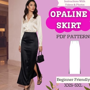 Puede incluir: Una falda larga de satén negro con cintura alta y abertura lateral, combinada con una blusa de satén color crema. La imagen incluye el texto "OPALINE SKIRT PDF PATTERN" y "Beginner Friendly XXS-5XL".