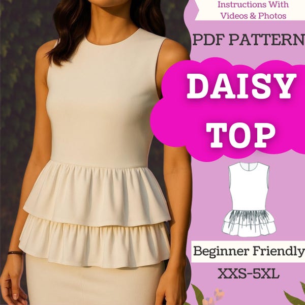 Patrón de costura para top peplum en PDF: sin mangas, de dos capas, tallas XXS-5XL para mujer (descarga digital)