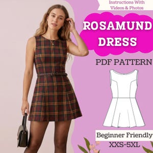 Könnte beinhalten: Ein ärmelloses Kleid mit Karomuster in Burgunderrot, Grün und Gold, mit einem braunen Gürtel in der Taille. Das Bild enthält den Text "ROSAMUND DRESS PDF PATTERN" und eine Kleidermusterillustration. Das Muster ist anfängerfreundlich und in den Größen XXS-5XL erhältlich.