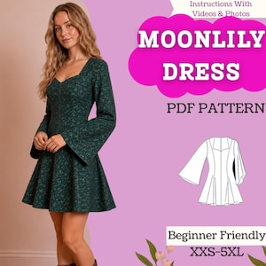 May include: A dark green long-sleeved dress with a small floral pattern, featuring a sweetheart neckline and flared sleeves. The image includes text reading MOONLILY DRESS PDF PATTERN, Instructions With Videos & Photos, and XXS-5XL.