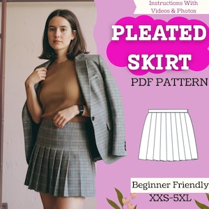 Puede incluir: Una mujer con un top marrón acanalado, una blazer a cuadros grises y una falda plisada a juego. La imagen incluye un diagrama de una falda plisada y el texto "PLEATED SKIRT PDF PATTERN" y "Beginner Friendly XXS-5XL".