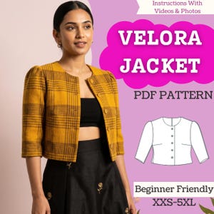 May include: A yellow and brown plaid jacket with a round collar and three buttons. The jacket is worn with a black top and skirt. The image includes the text "VELORA JACKET PDF PATTERN" and "Beginner Friendly XXS-5XL".