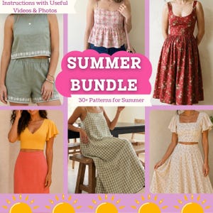 Puede incluir: Una colección de seis prendas de verano que incluye un conjunto de pantalones cortos verde salvia, un top peplum floral, un vestido midi floral rojo, un top corto amarillo de manga corta con falda coral, un vestido largo de cuadros vichy verde y un conjunto de falda floral.
