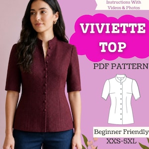 Mönster för blus med puffärm och mandarinkrage – Åtsittande topp med knappar framtill (PDF direktnedladdning)