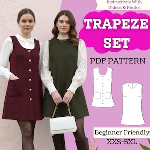 Puede incluir: Dos mujeres modelando vestidos trapecio. Uno es burdeos con botones dorados y bolsillos, el otro verde oliva. La imagen incluye un gráfico de patrón PDF y el texto "Trapeze Set" y "Beginner Friendly". Tallas de XXS-5XL.