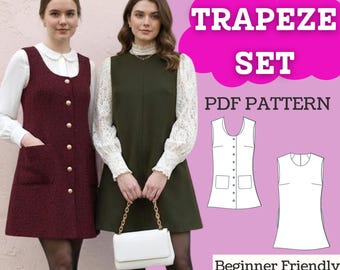Trapeze Dress Sewing Pattern Set: Sleeveless Button Front & Round Neck with Pockets (PDF)