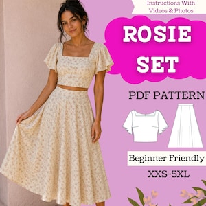 Peut inclure: Un ensemble deux pièces composé d'un haut court crème à manches volantées et d'une jupe midi assortie, tous deux ornés d'un petit motif floral. Le texte indique : Instructions With Videos & Photos, ROSIE SET, PDF PATTERN, Beginner Friendly, XXS-5XL.