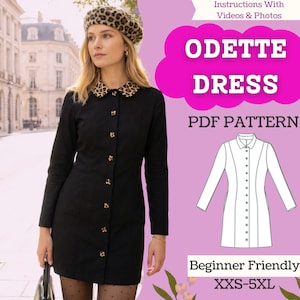 Puede incluir: Vestido negro con cuello con estampado de leopardo y botones dorados. La imagen incluye el texto "ODETTE DRESS PDF PATTERN" y un dibujo lineal del vestido. El patrón está etiquetado como "Beginner Friendly" y disponible en tallas XXS-5XL.