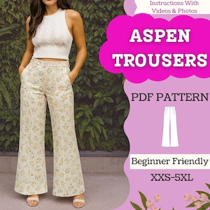 May include: A woman wearing cream-colored, floral-print trousers and a matching knit top. The trousers are wide-legged and feature a yellow floral pattern. The image includes text that reads "Aspen Trousers" and "PDF Pattern".