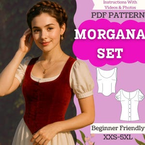 Op de afbeelding: Een vrouw draagt een rood fluwelen lijfje en een crèmekleurige blouse. De afbeelding bevat de tekst "MORGAN SET" en "PDF PATTERN". Het patroon wordt beschreven als "Beginner Friendly" en verkrijgbaar in maten XXS-5XL.
