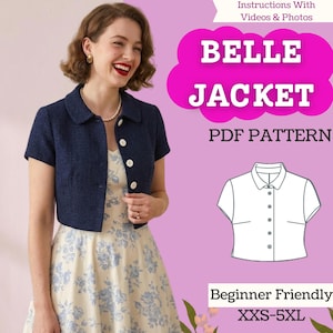 Op de afbeelding: Een vrouw draagt een marineblauwe jas met korte mouwen en witte knopen over een bloemenjurk. De afbeelding bevat de tekst "BELLE JACKET PDF PATTERN" en "Beginner Friendly XXS-5XL".