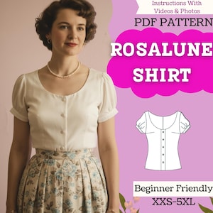 Puede incluir: Una mujer con una camisa crema abotonada con mangas cortas abullonadas y una falda floral. La imagen incluye el texto "ROSALUNE SHIRT" y "PDF PATTERN". También se muestra un dibujo lineal de la camisa.