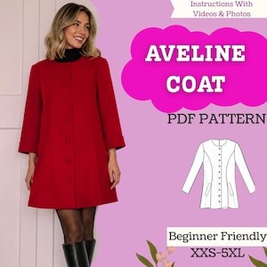 Può includere: Un cartamodello PDF per cappotto Aveline rosso con scollo rotondo, maniche lunghe con polsini e chiusura frontale con bottoni. Il design include un disegno tecnico a linee del cappotto, con testo che indica istruzioni con video e foto.
