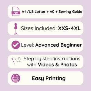 May include: A light purple graphic with text and icons. The text includes "A4/US Letter + A0 + Sewing Guide", "Sizes Included: XXS-4XL", "Level: Advanced Beginner", "Step by step instructions with Videos & Photos", and "Easy Printing".