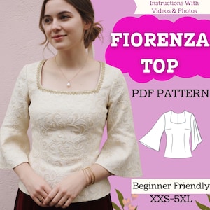 May include: Cream-coloured top with a square neckline and bell sleeves. The top has a floral pattern and gold trim around the neckline. The image includes the text "Fiorenza Top PDF Pattern" and "Beginner Friendly XXS-5XL".