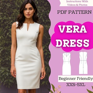 Op de afbeelding: Een witte mouwloze jurk met een V-hals en een knielange zoom. De afbeelding bevat de tekst "VERA DRESS" en "PDF PATTERN". Het jurkpatroon is beginnersvriendelijk en verkrijgbaar in de maten XXS-5XL.