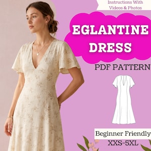 Puede incluir: Un vestido color crema con un sutil estampado floral marrón, con escote en V y mangas tipo mariposa. La imagen incluye el texto EGLANTINE DRESS, PDF PATTERN, Instructions With Videos & Photos, Beginner Friendly y XXS-5XL.