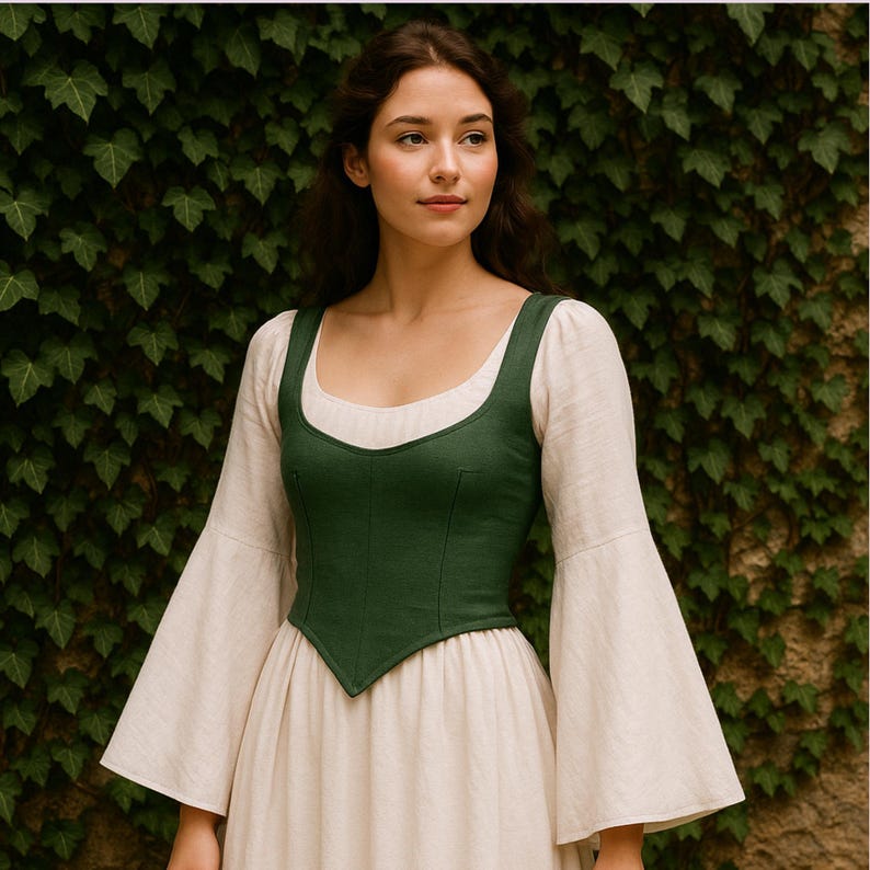 May include: A woman wearing a medieval-style outfit. The ensemble includes a dark green bodice, a cream-colored dress, and long, bell-shaped sleeves. The background is a wall covered in green ivy.