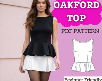 Puede incluir: Un patrón de costura digital en PDF para el top Oakford, que presenta un corpiño negro sin mangas con volante. La imagen incluye el texto: Instructions With Videos & Photos, OAKFORD TOP, PDF PATTERN, Beginner Friendly, y tallas XXS-5XL.