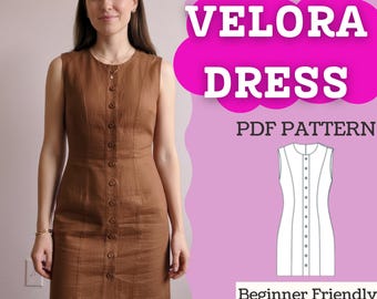 Button-Front Shift Mini Dress Sewing Pattern (Jewel Neck, Sleeveless, PDF, XXS–5XL)