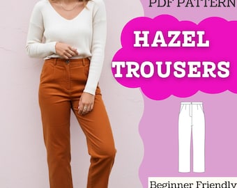 Puede incluir: Un patrón en PDF para pantalones Hazel que incluye instrucciones con vídeos y fotos. El documento presenta un dibujo lineal de los pantalones y especifica un rango de tallas de XXS a 5XL. El diseño está marcado como para principiantes.