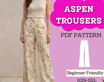 Wide Leg Pants PDF Sewing Pattern: High Waist Trousers with Pockets (Sizes 2XS-5XL)
