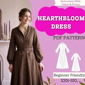May include: A brown long-sleeved dress with a button-down front, a belted waist, and two front pockets. The image includes text reading HEARTHBLOOM DRESS, PDF PATTERN, Instructions With Videos & Photos, Beginner Friendly, and sizes XXS-5XL.
