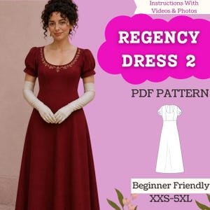 Könnte beinhalten: Ein dunkelrotes Regency-Kleid mit kurzen Puffärmeln, einem weiten Ausschnitt und goldener Stickerei. Das Bild enthält Text: Instructions With Videos & Photos, REGENCY DRESS 2, PDF PATTERN, Beginner Friendly, XXS-5XL sowie eine Strichzeichnung.