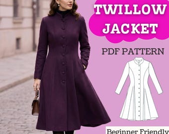 Princess Seam Coat Sewing Pattern: Women’s Flared Mandarin Collar Button-Front Jacket (PDF Download, XXS-5XL)