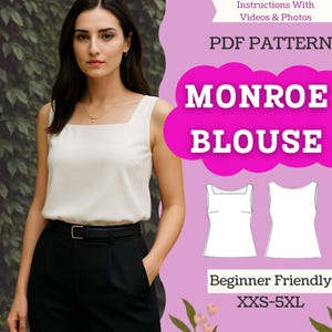 Könnte beinhalten: Eine Frau trägt eine cremefarbene Bluse mit quadratischem Ausschnitt und eine schwarze Hose. Das Bild enthält eine pinkfarbene Grafik mit dem Text "MONROE BLOUSE" und "PDF PATTERN". Das Muster ist anfängerfreundlich, Größen XXS-5XL.