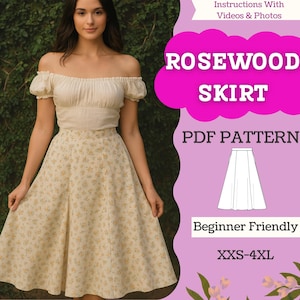 Pode incluir: Uma mulher usando um top creme com ombros de fora e uma saia com estampa floral. A imagem inclui o texto "Rosewood Skirt PDF Pattern" e "Beginner Friendly" com tamanhos XXS-4XL.