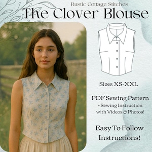 Patrón de costura de chaleco para mujer / Top corto sin mangas con cuello y botones / Descarga digital en PDF (A4/Carta EE. UU./A0) / Tallas XS-2XL