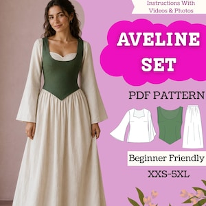 May include: Aveline Set PDF pattern featuring a long-sleeved cream dress with a dark green bodice overlay. The image includes text: Instructions With Videos & Photos, Aveline Set, PDF Pattern, Beginner Friendly, and XXS-5XL, with line art diagrams.