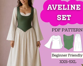 Renaissance Corset Bodice, Bell Sleeve Chemise & Skirt Sewing Pattern (PDF Digital Download XXS-5XL)