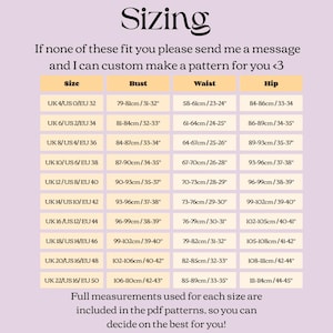 May include: A sizing chart with measurements in inches and centimeters for bust, waist, and hip. The chart includes sizes from UK 4/US 0/EU 32 to UK 22/US 16/EU 50. Text at the top reads "Sizing".