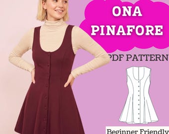 Pinafore Dress Sewing Pattern – Sleeveless Button-Front Deep Scoop Neck Fit & Flare (PDF Download)