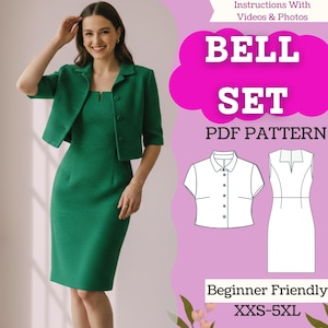 以下が含まれることがあります： 緑色のドレスとジャケットを着た女性。画像には「BELL SET PDF PATTERN」というテキストとパターンピースのイラストが描かれたグラフィックが含まれています。「Beginner Friendly」と「XXS-5XL」の文字も表示されています。