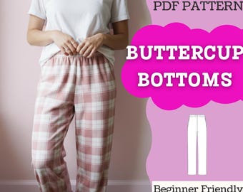 May include: A PDF pattern for Buttercup Bottoms featuring a white t-shirt and pink and white plaid pants. The text includes Instructions With Videos & Photos, PDF PATTERN, BUTTERCUP BOTTOMS, Beginner Friendly, and XXS-5XL with a pants illustration.