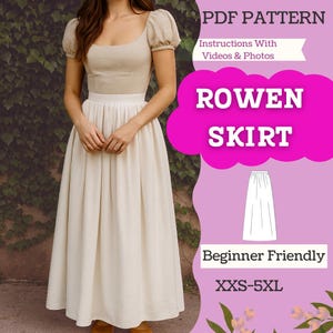 May include: A woman in a beige top and a cream-coloured skirt. The skirt is long and pleated. The image includes text that reads "PDF Pattern," "Rowen Skirt," and "Beginner Friendly." The pattern is available in sizes XXS-5XL.