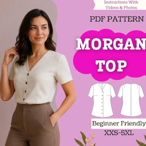V-Neck Button-Front Bluse Schnittmuster: Morgan Top (XXS-5XL) (PDF-Muster)