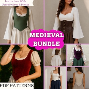 Renaissance Costume Pattern Bundle (PDF) — Corset Bodice, Peasant Chemise, Full Skirt & more | A0/A4/Letter | XXS–5XL