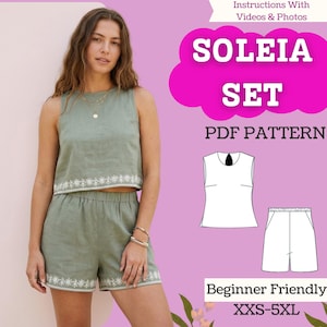 May include: A woman wearing a sage green linen top and shorts set with white embroidered detailing. The image includes a pattern for the "SOLEIA SET" PDF pattern, labeled "Beginner Friendly" and sizes XXS-5XL.