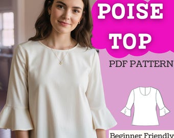 Ruffle-Cuff Top Sewing Pattern: Women’s Round-Neck Blouse (PDF Download, XXS–5XL)