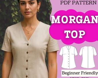 V-Neck Button-Front Blouse Sewing Pattern: Morgan Top (XXS-5XL) (PDF Pattern)